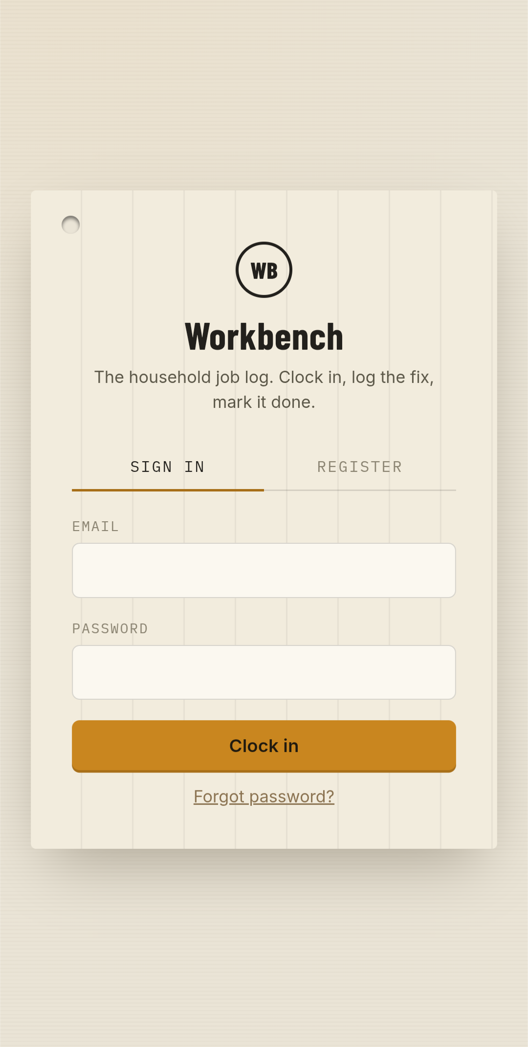 DIY Workbench sign-in screen